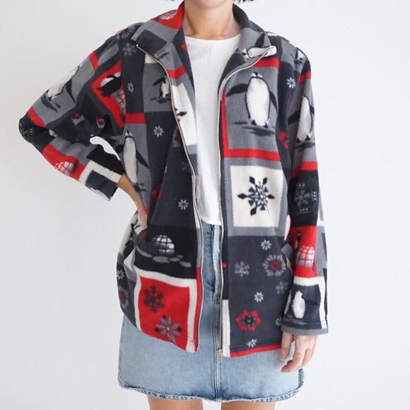Sweaters - Vintag Alia Sport Grey Red Penguin Snowflake Zip Fleece Jacket Winter Cabin L